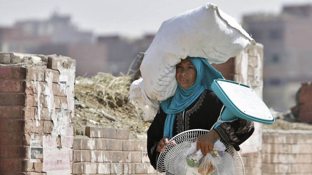 An Egyptian farmer carries an electric fan as she walks through a Cai