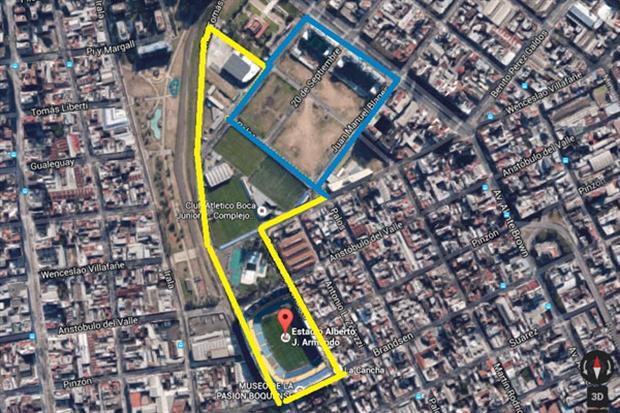 mundo-boca- cancha Las líneas amarillas marcan los terrenos actuales de Boca, la azul, las dos manzanas y media que ayer aprobaron para comprar.