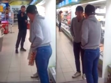 Un hombre borracho se pelea con su propio reflejo